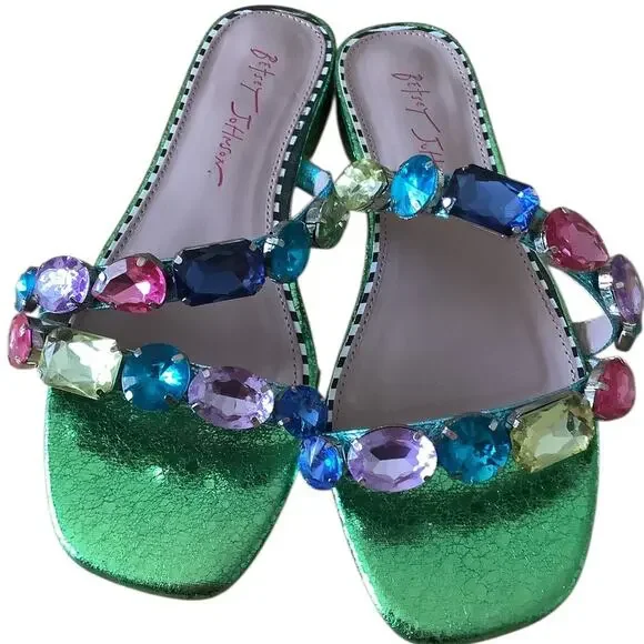 BETSEY JOHNSON WILLET BEJEWELED GREEN METALLIC SLIDES 6.5 - Picture 3 of 10